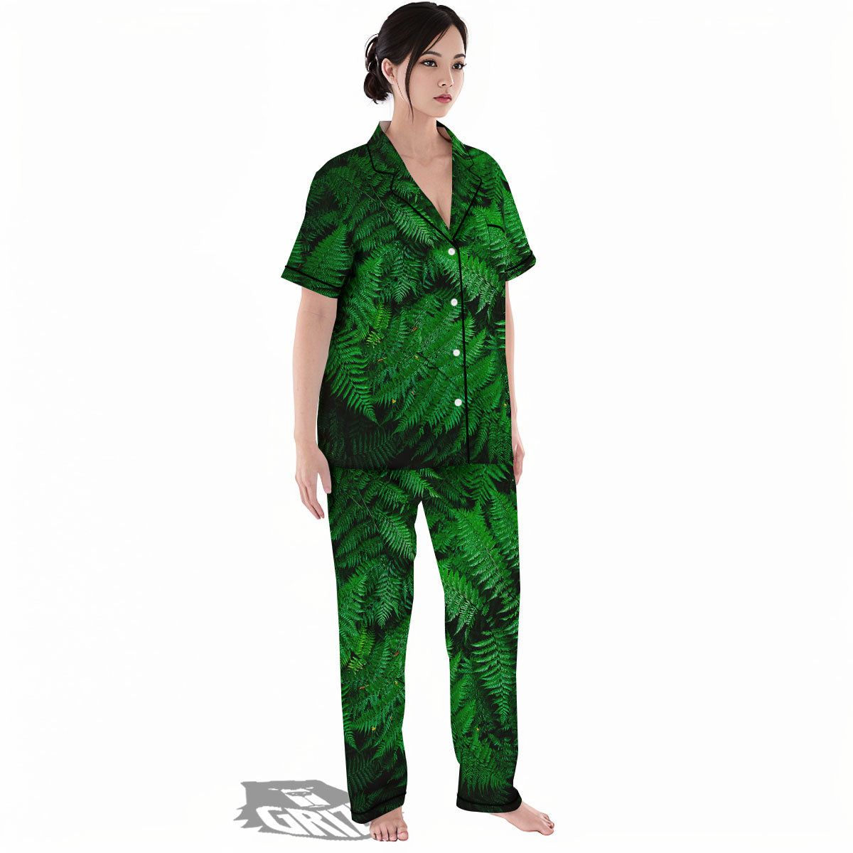 Fern Leaf Green Print Women's Pajamas Set-grizzshop