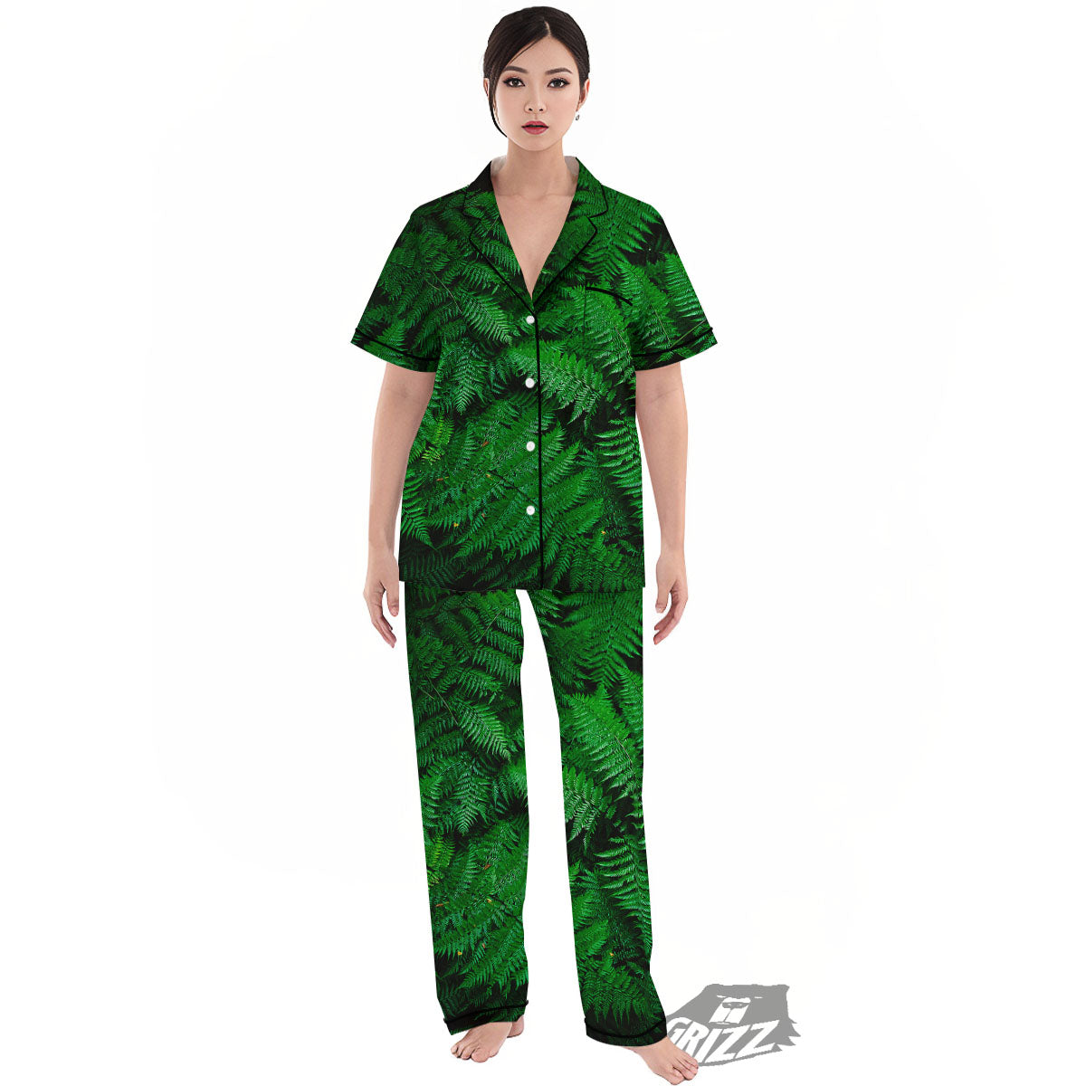 Fern Leaf Green Print Women's Pajamas Set-grizzshop