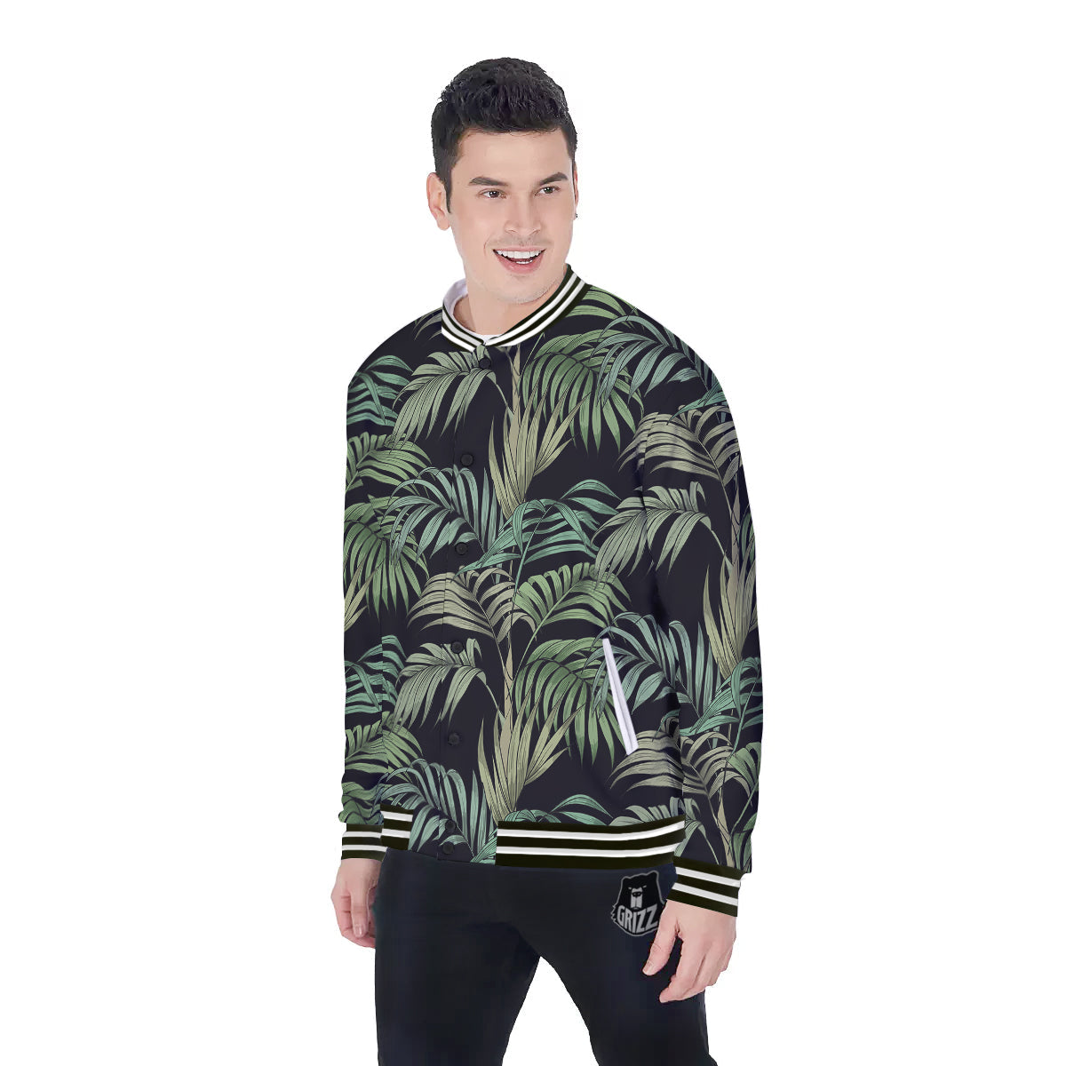 Fern Leaf Tropical Print Pattern Baseball Jacket-grizzshop