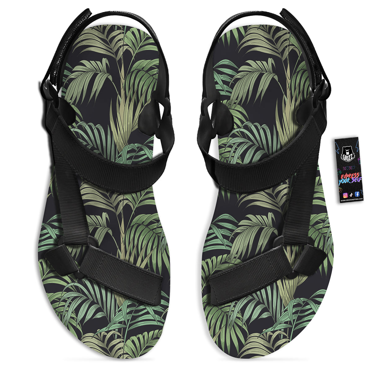 Fern Leaf Tropical Print Pattern Black Open Toe Sandals-grizzshop