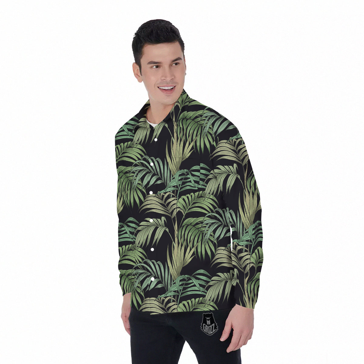 Fern Leaf Tropical Print Pattern Men's Long Sleeve Shirts-grizzshop