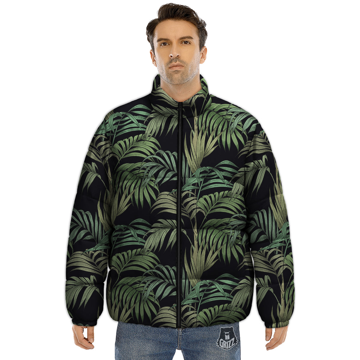 Fern Leaf Tropical Print Pattern Puffer Jacket-grizzshop