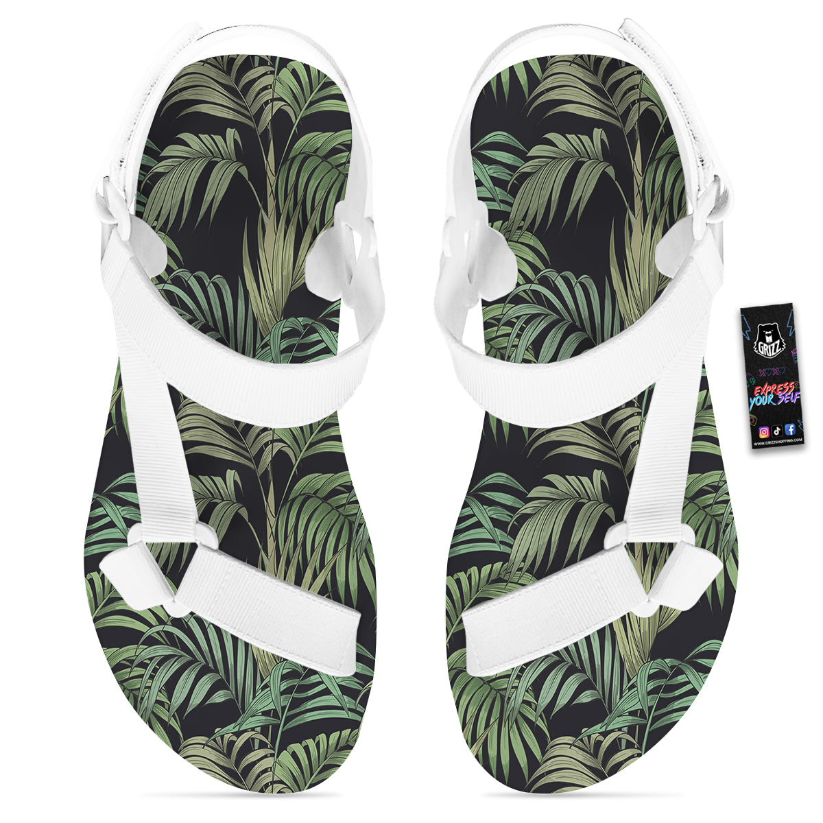 Fern Leaf Tropical Print Pattern White Open Toe Sandals-grizzshop