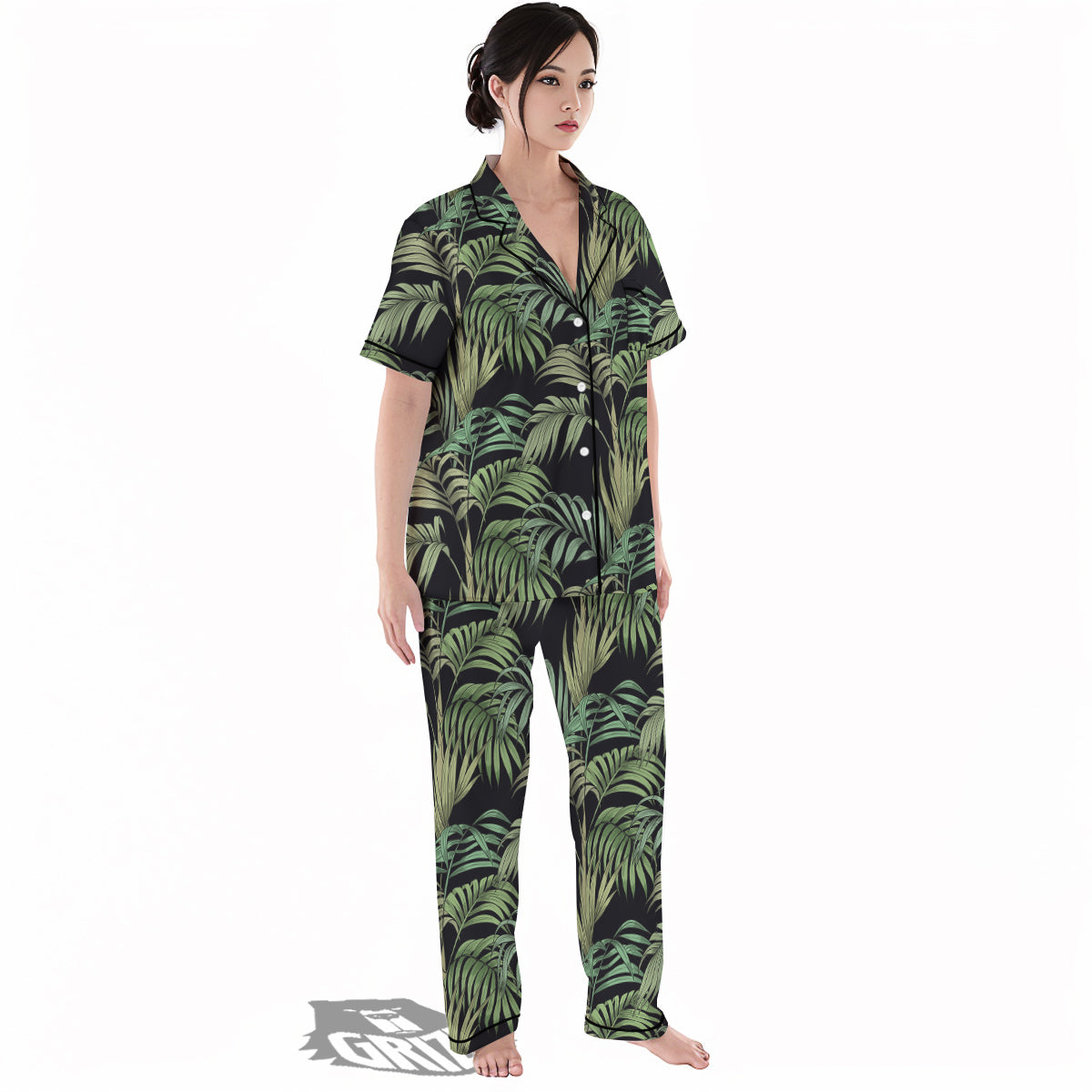 Fern Leaf Tropical Print Pattern Women's Pajamas Set-grizzshop