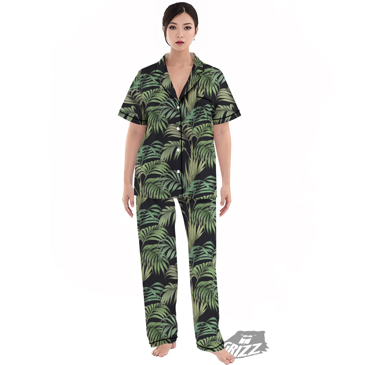 Fern Leaf Tropical Print Pattern Women's Pajamas Set-grizzshop