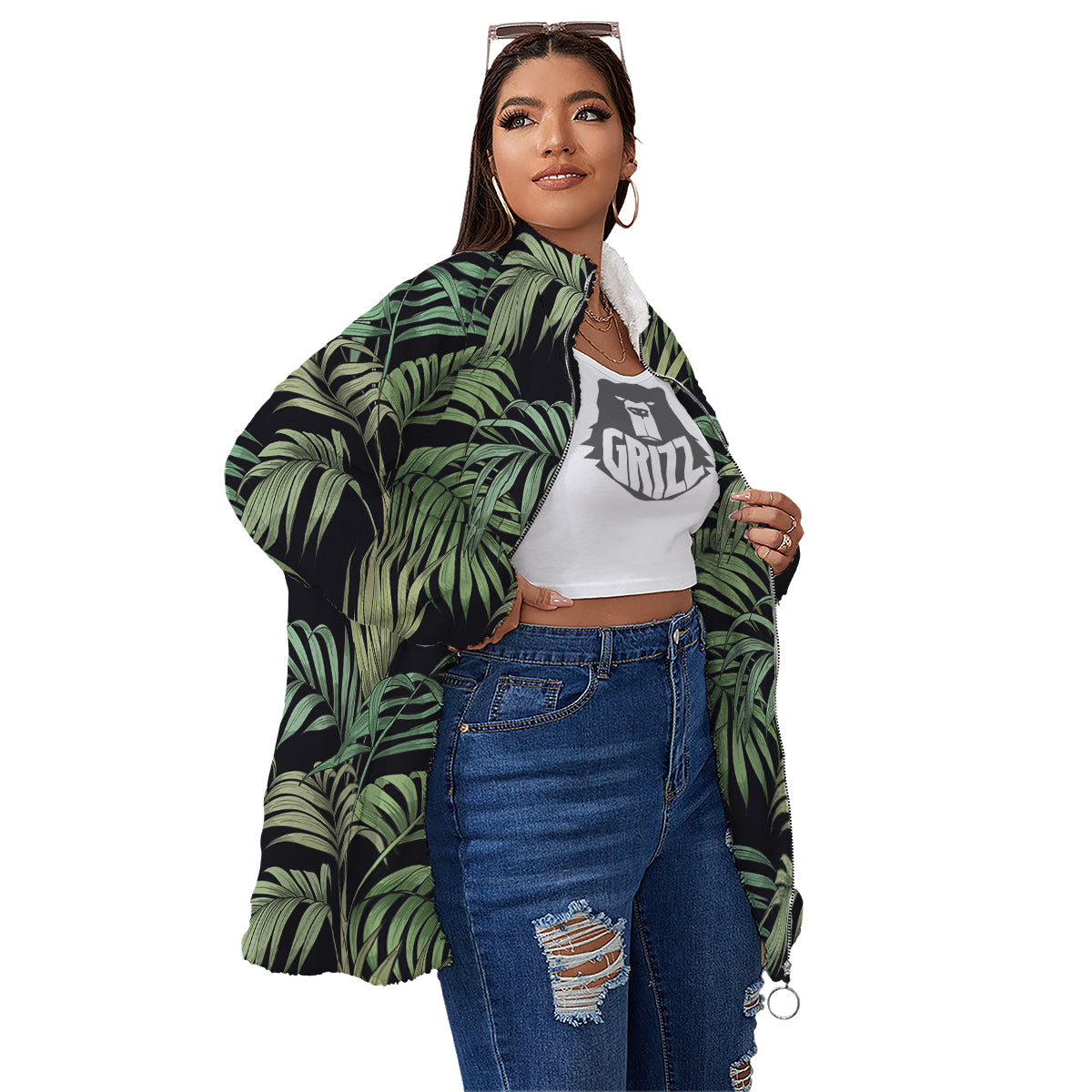 Fern Leaf Tropical Print Pattern Women's Sherpa Jacket-grizzshop