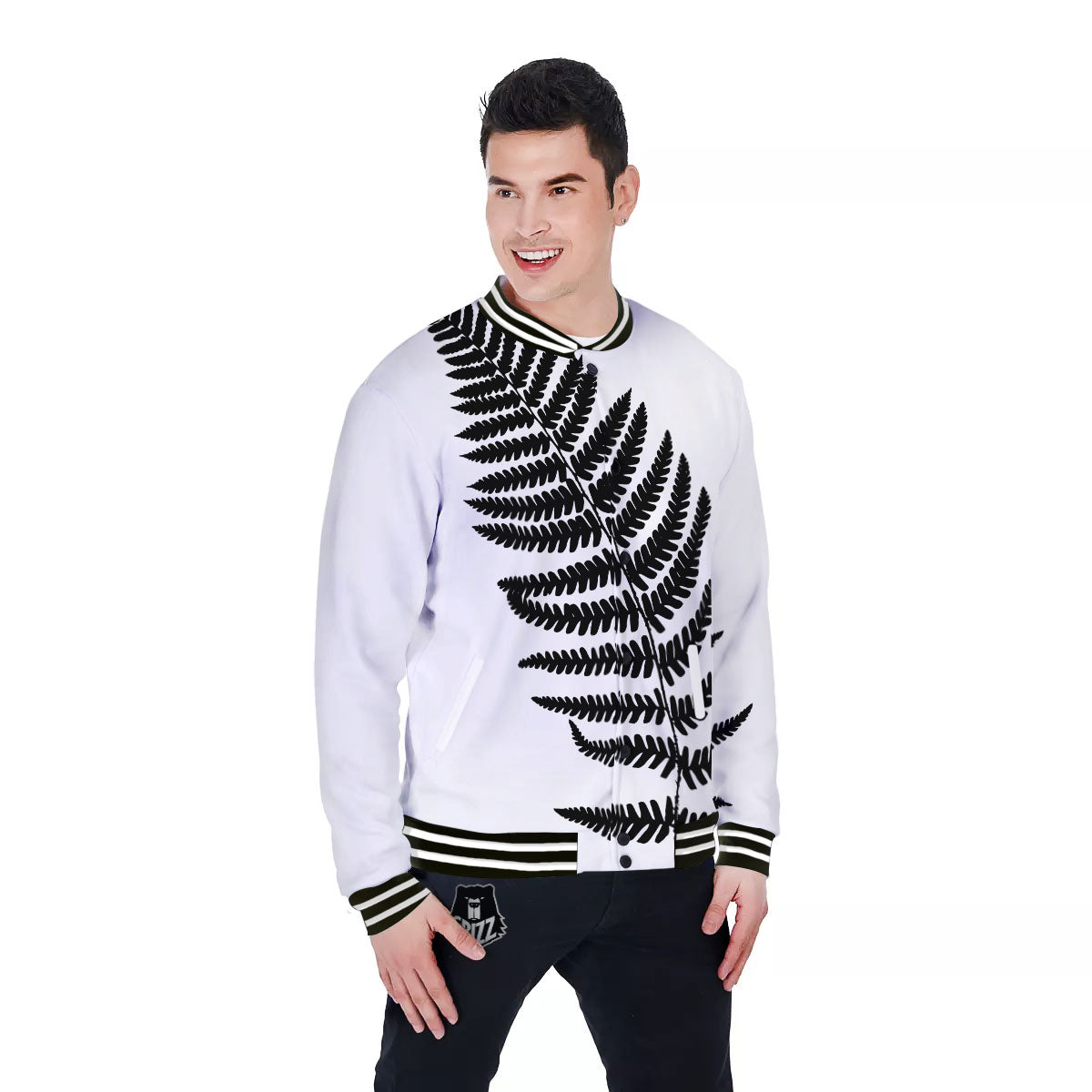 Fern Leaf White And Black Print Baseball Jacket-grizzshop