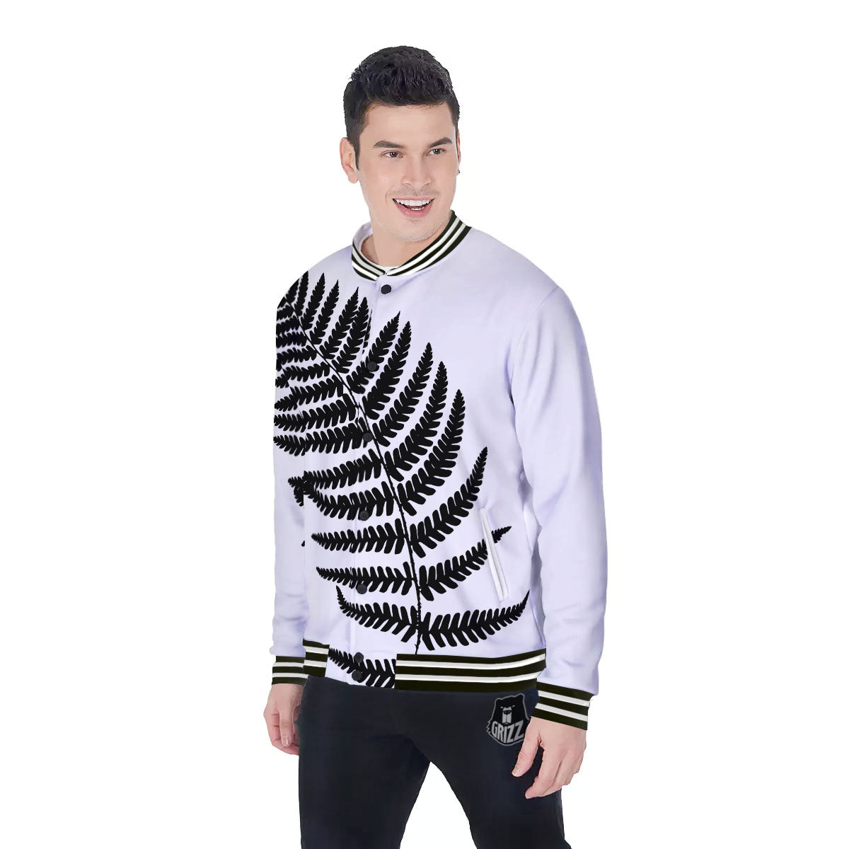 Fern Leaf White And Black Print Baseball Jacket-grizzshop