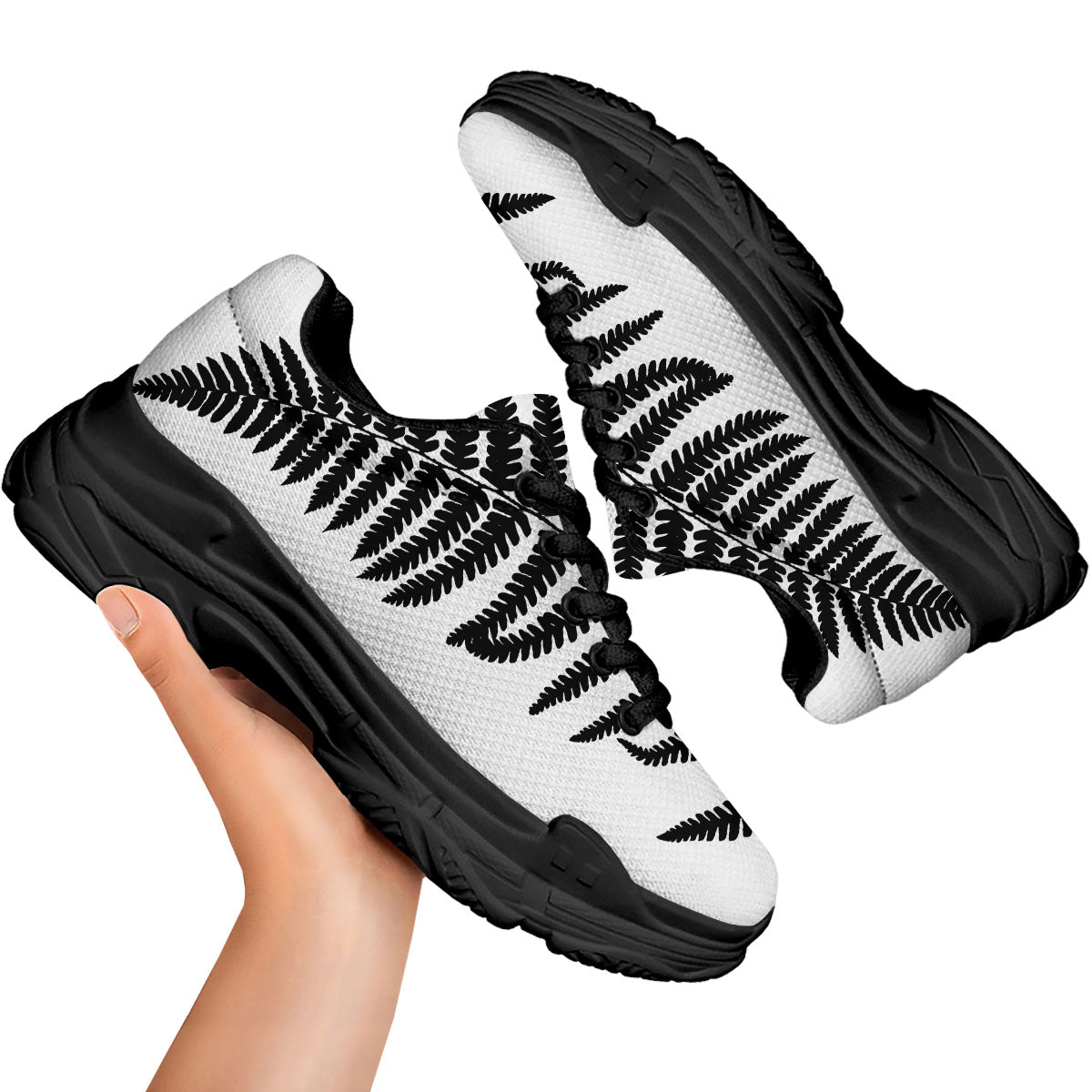 Fern Leaf White And Black Print Black Chunky Shoes-grizzshop