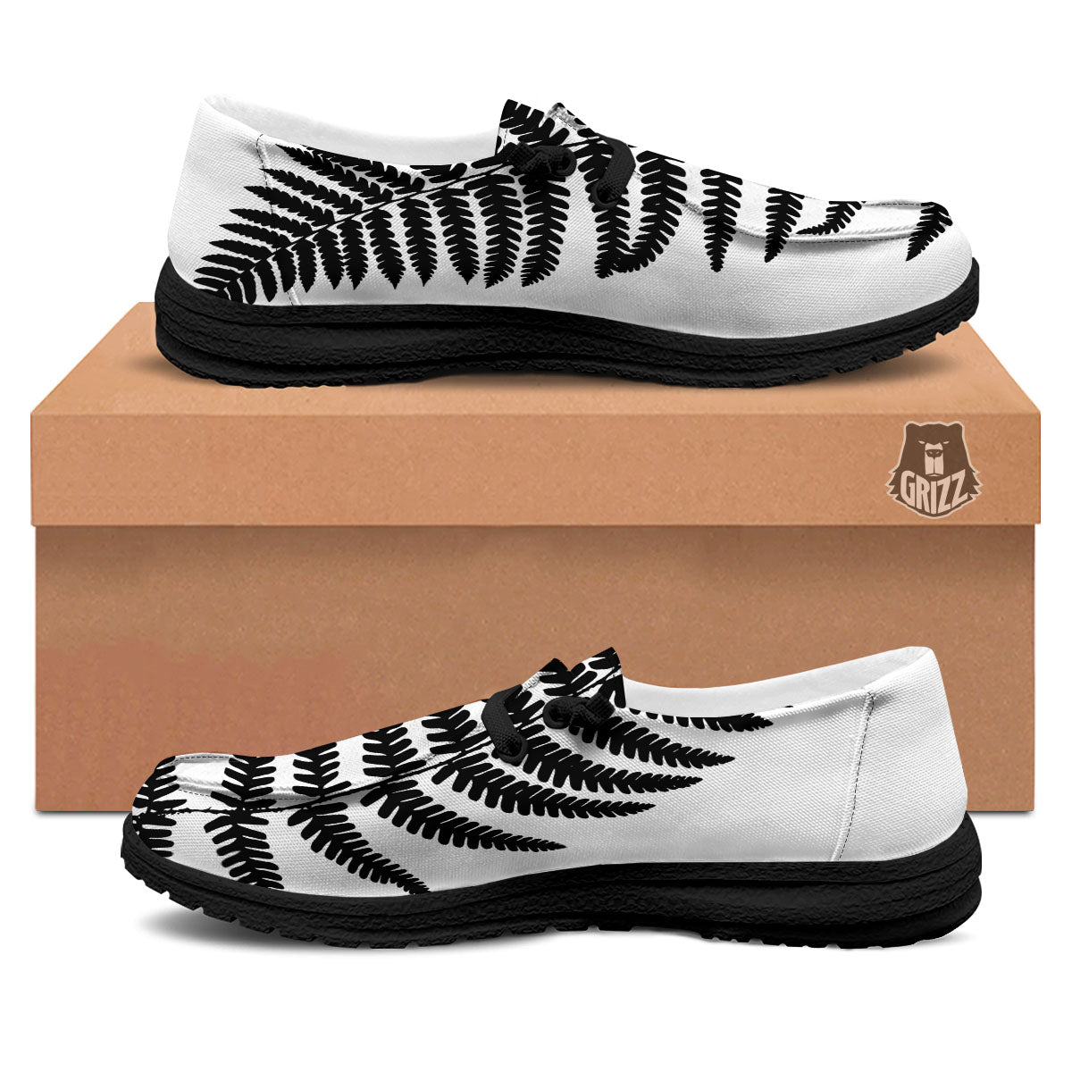 Fern Leaf White And Black Print Black Loafers-grizzshop