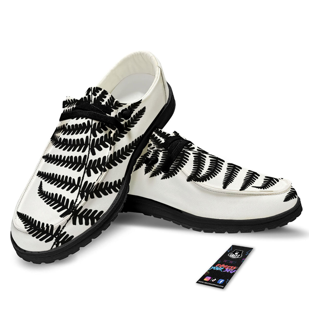 Fern Leaf White And Black Print Black Loafers-grizzshop