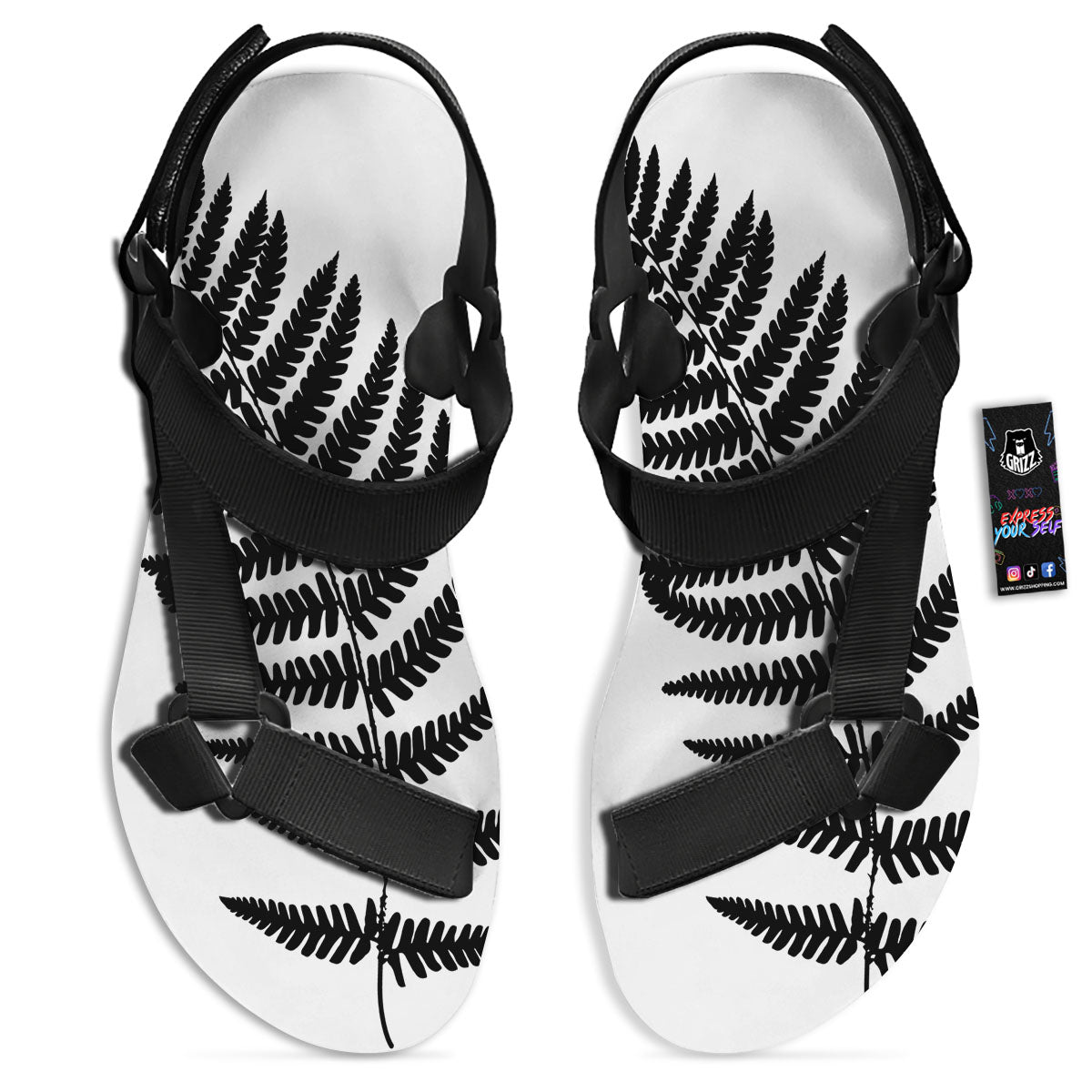 Fern Leaf White And Black Print Black Open Toe Sandals-grizzshop