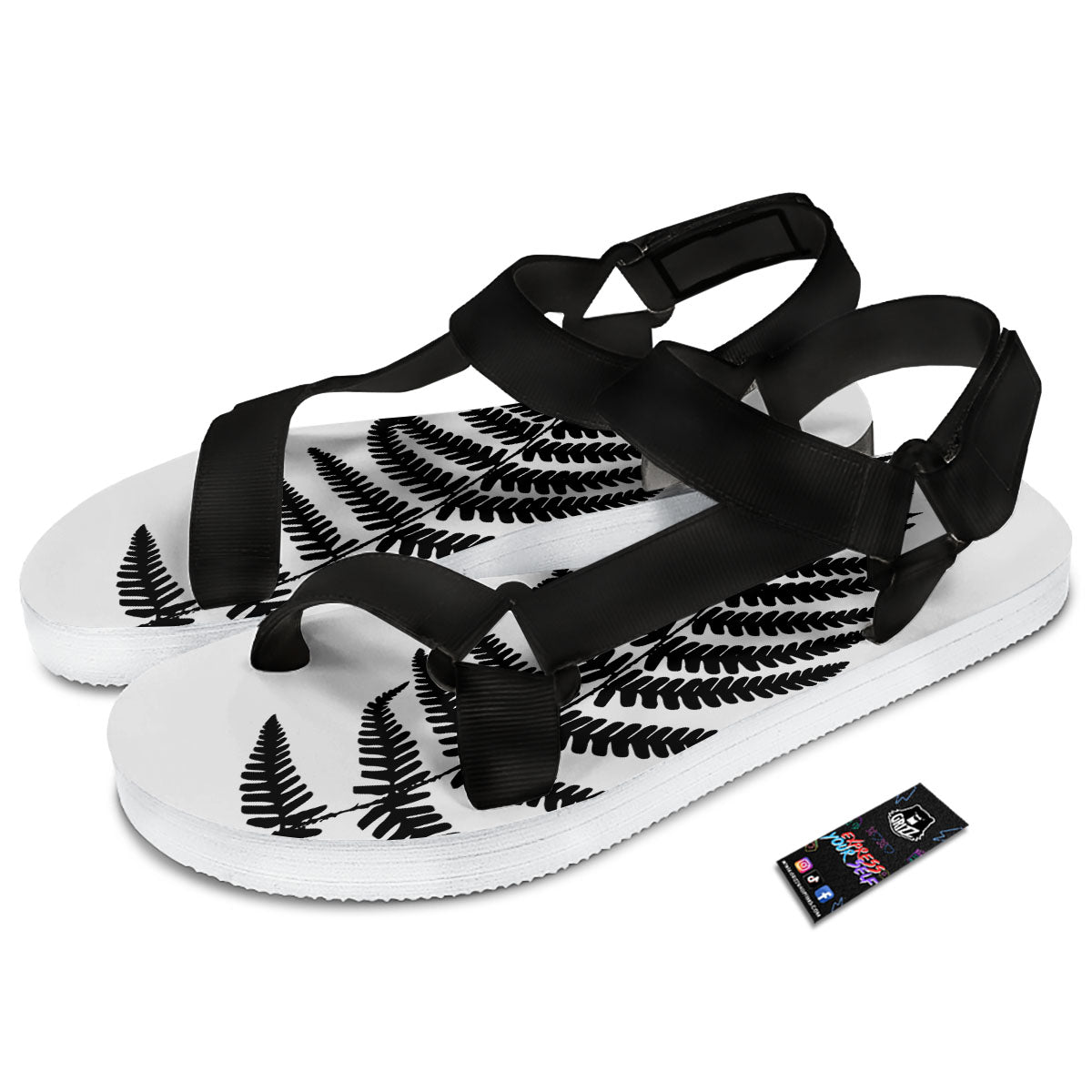 Fern Leaf White And Black Print Black Open Toe Sandals-grizzshop