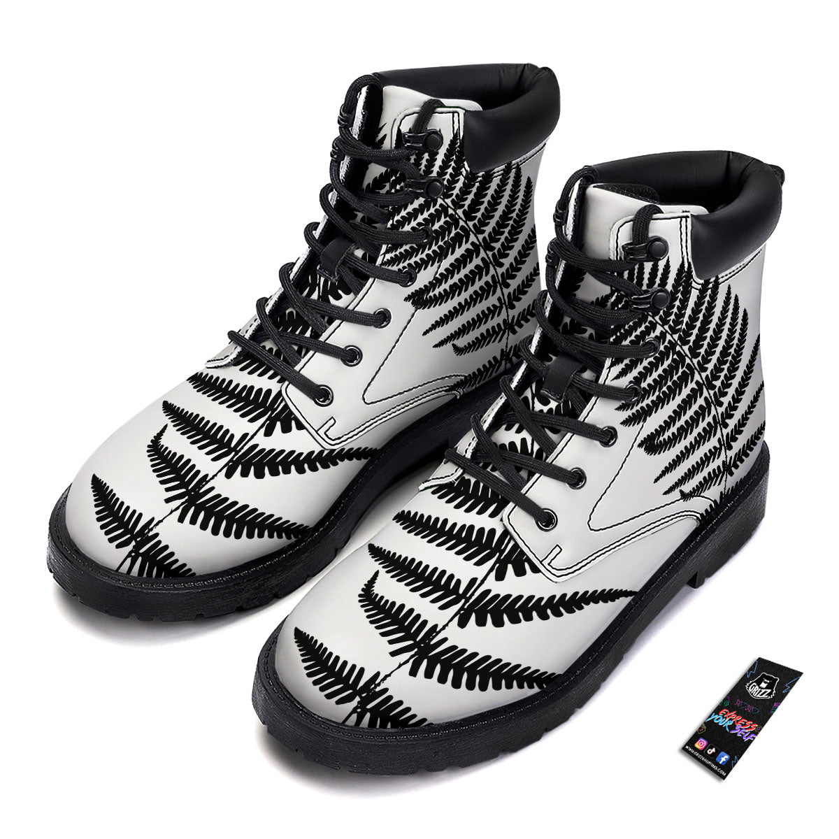 Fern Leaf White And Black Print Boots-grizzshop
