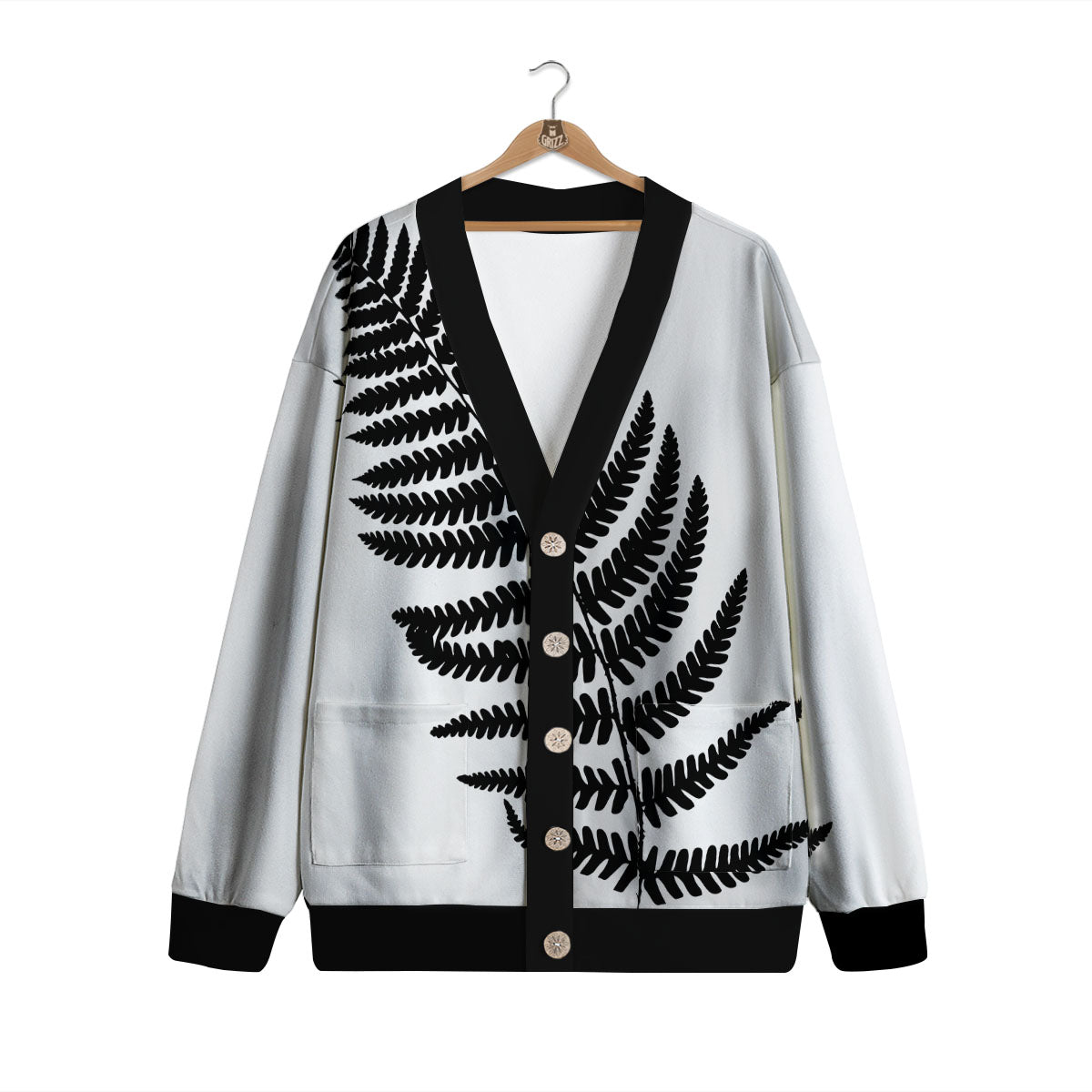 Fern Leaf White And Black Print Cardigan-grizzshop