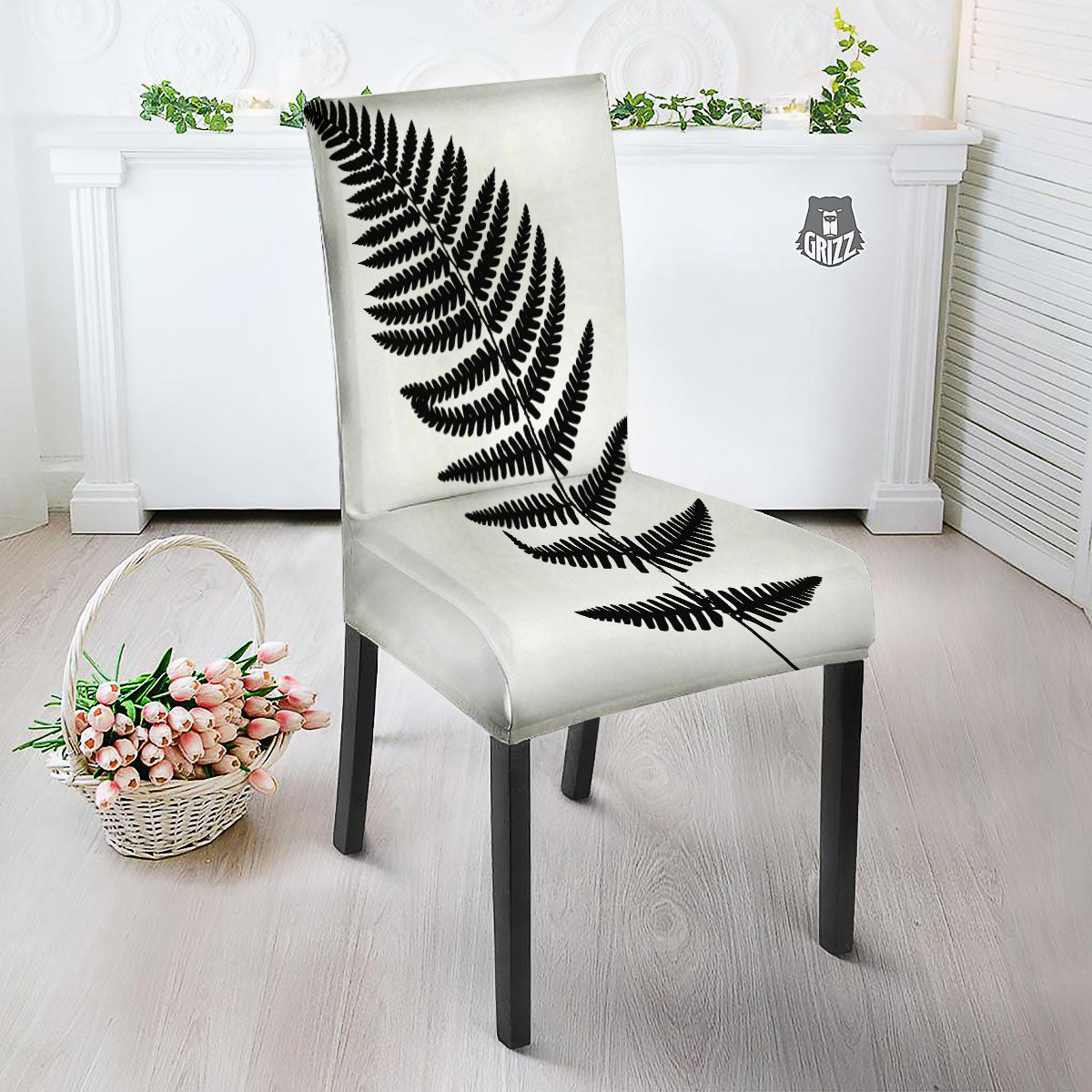 Fern Leaf White And Black Print Dining Chair Slipcover-grizzshop