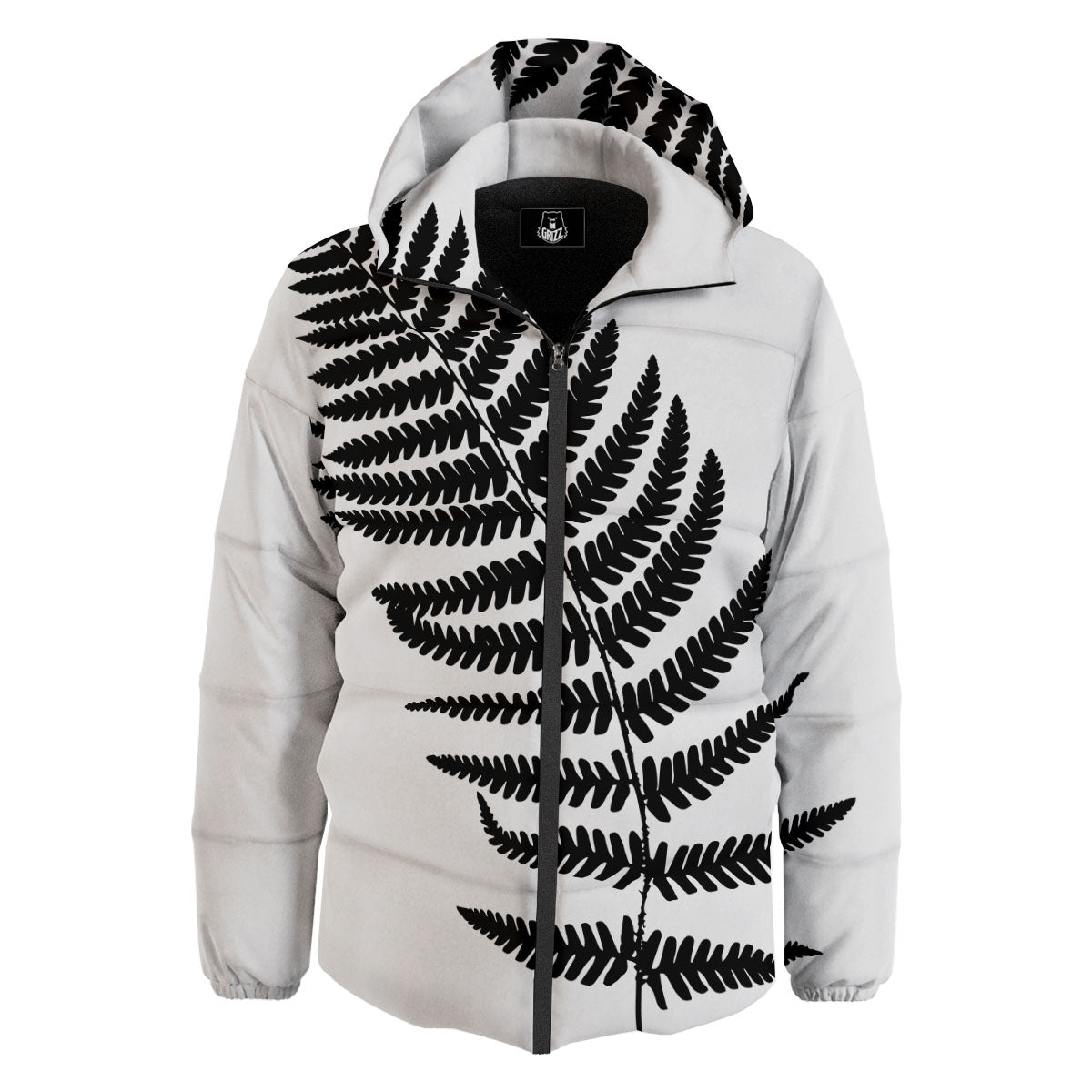 Fern Leaf White And Black Print Down Jacket-grizzshop