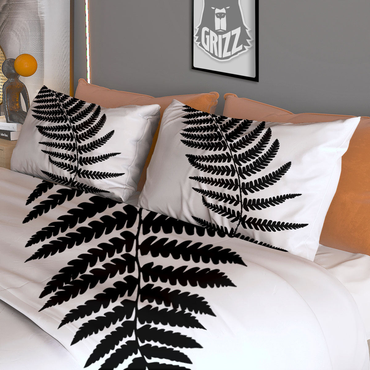 Fern Leaf White And Black Print Duvet Cover Bedding Set