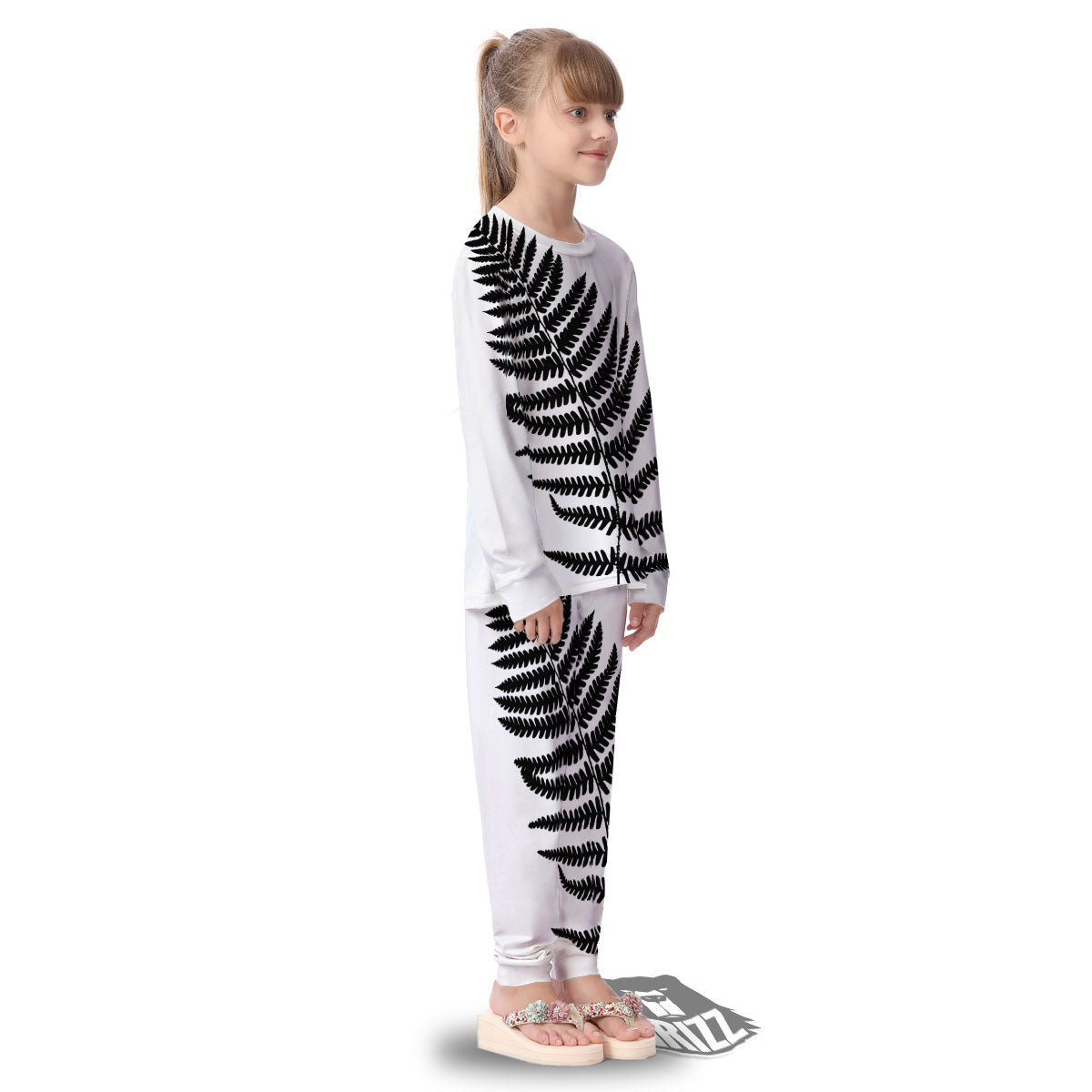 Fern Leaf White And Black Print Kid's Pajamas-grizzshop