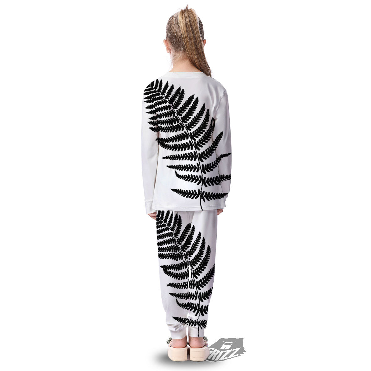 Fern Leaf White And Black Print Kid's Pajamas-grizzshop