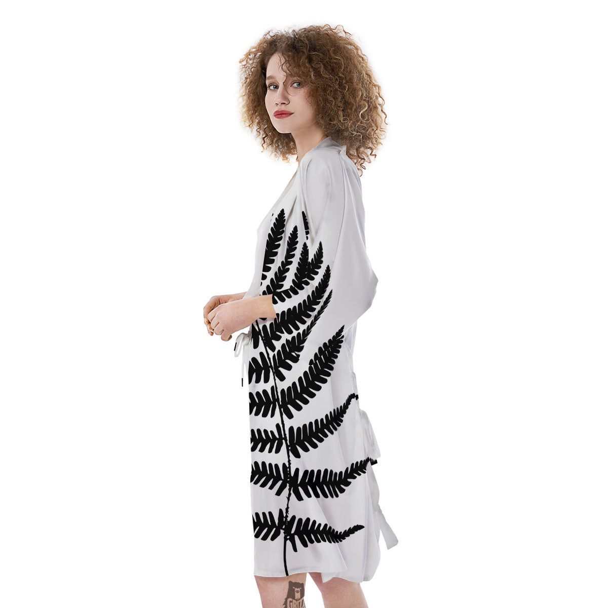 Fern Leaf White And Black Print Kimono-grizzshop
