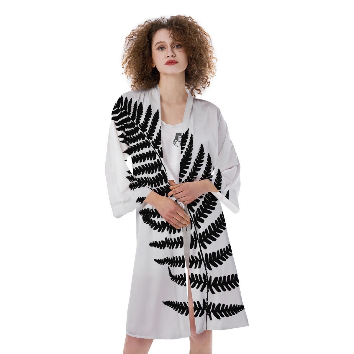 Fern Leaf White And Black Print Kimono-grizzshop