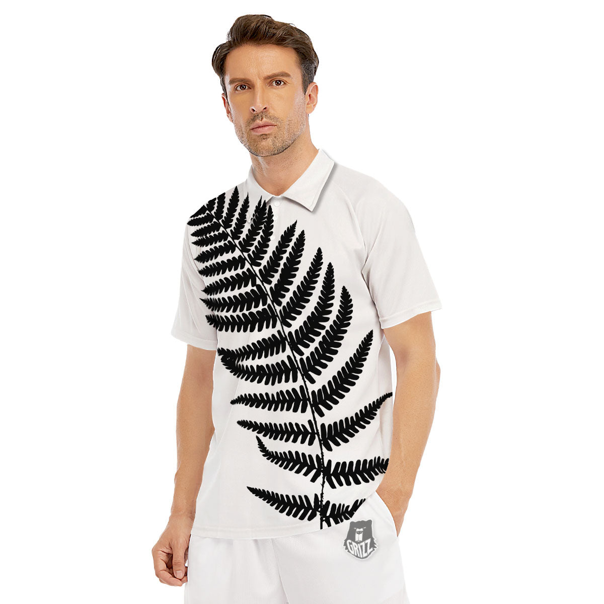 Fern Leaf White And Black Print Men's Golf Shirts-grizzshop