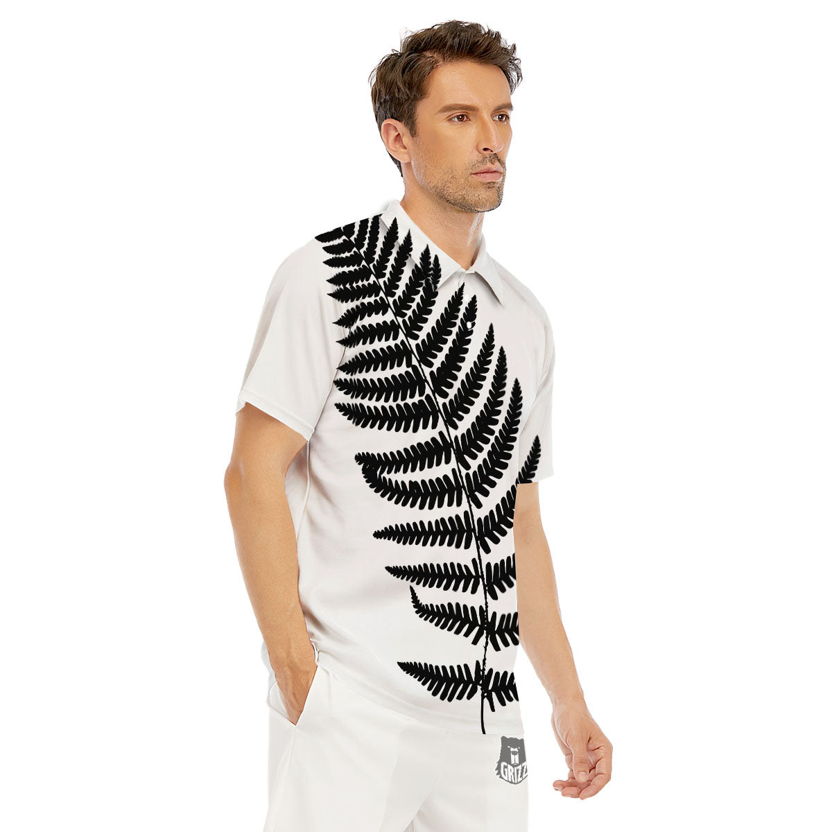 Fern Leaf White And Black Print Men's Golf Shirts-grizzshop