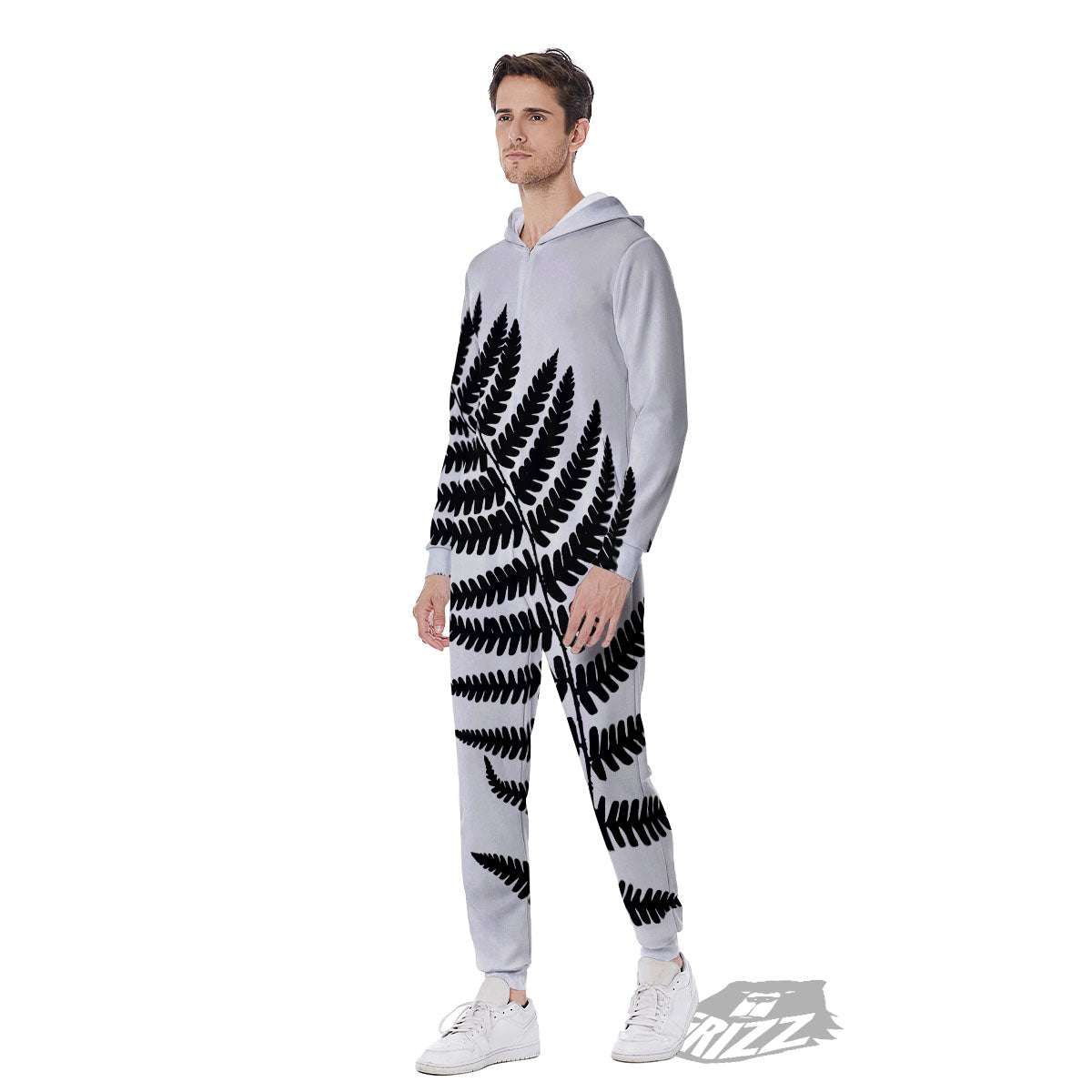 Fern Leaf White And Black Print Men's Jumpsuit-grizzshop