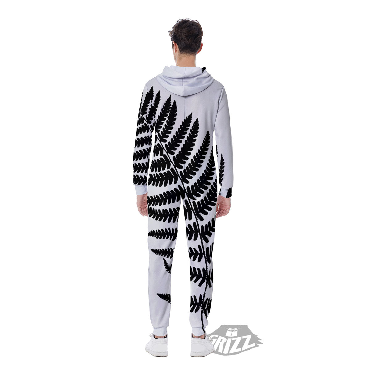 Fern Leaf White And Black Print Men's Jumpsuit-grizzshop