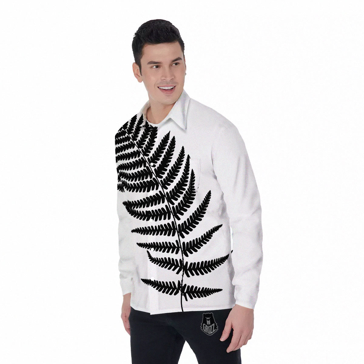 Fern Leaf White And Black Print Men's Long Sleeve Shirts-grizzshop