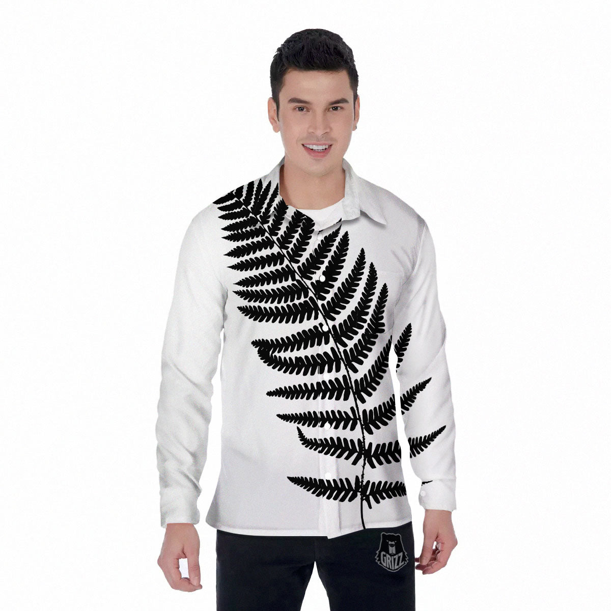 Fern Leaf White And Black Print Men's Long Sleeve Shirts-grizzshop