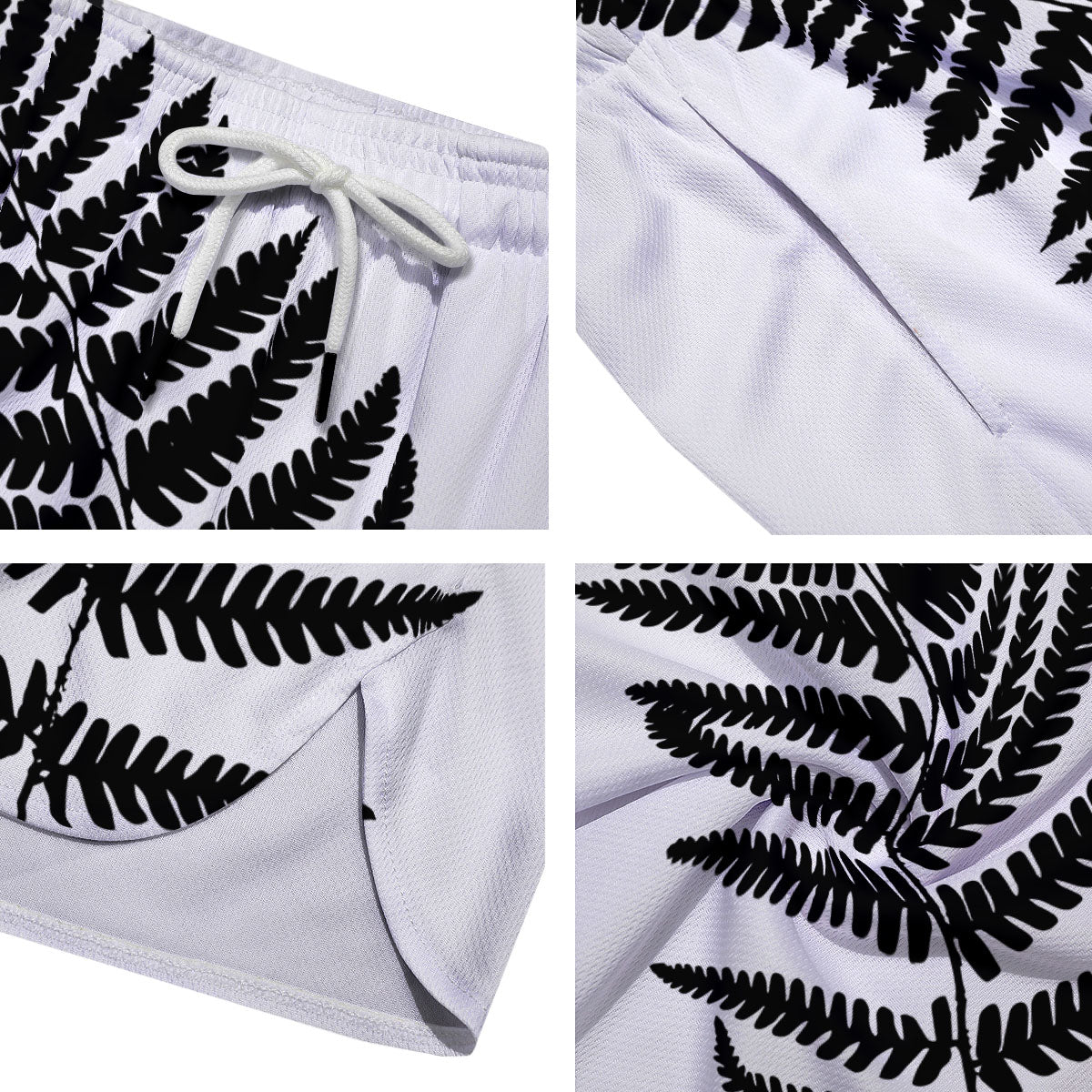 Fern Leaf White And Black Print Men's Running Shorts-grizzshop