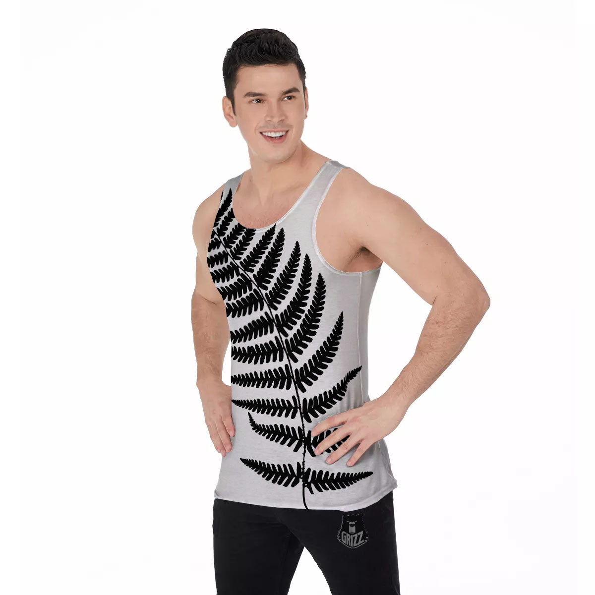 Fern Leaf White And Black Print Men's Tank Top-grizzshop