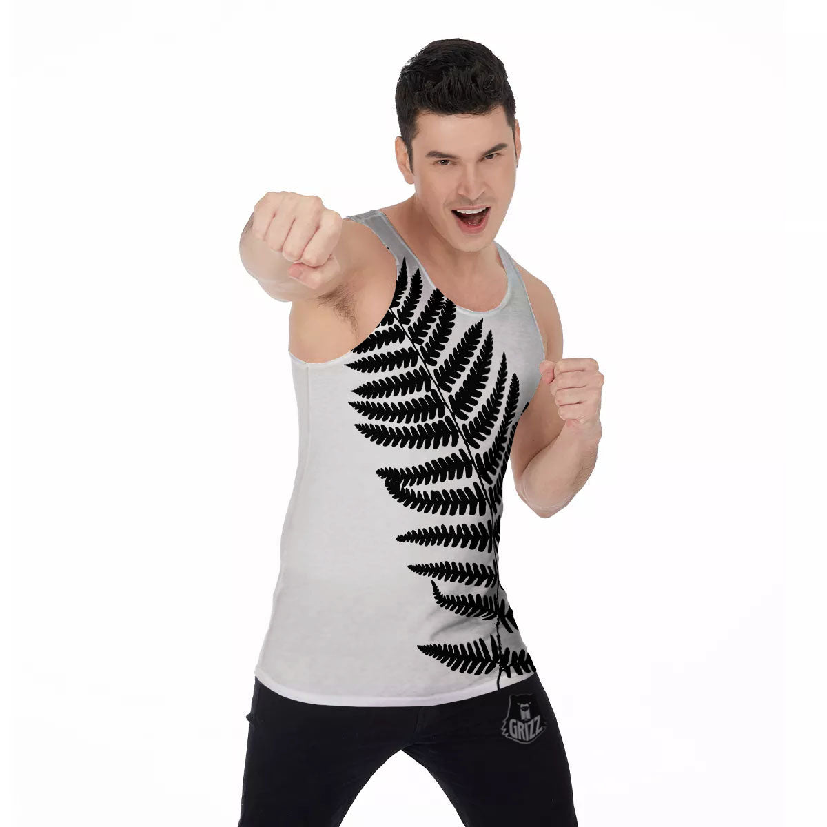 Fern Leaf White And Black Print Men's Tank Top-grizzshop