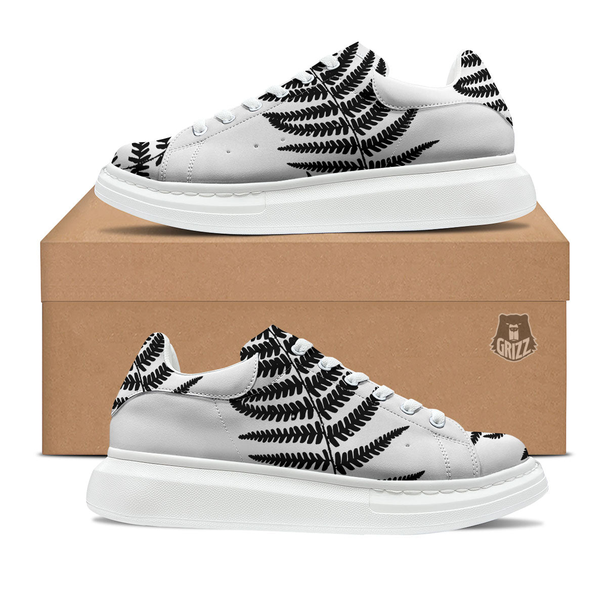 Fern Leaf White And Black Print Platform Shoes-grizzshop
