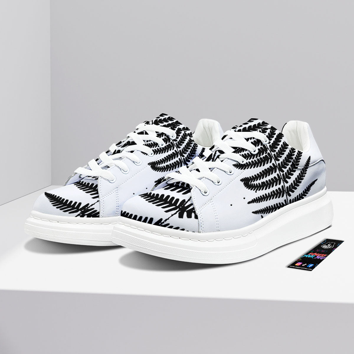 Fern Leaf White And Black Print Platform Shoes-grizzshop