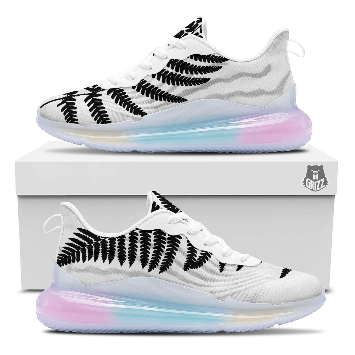 Fern Leaf White And Black Print Running Sneakers-grizzshop