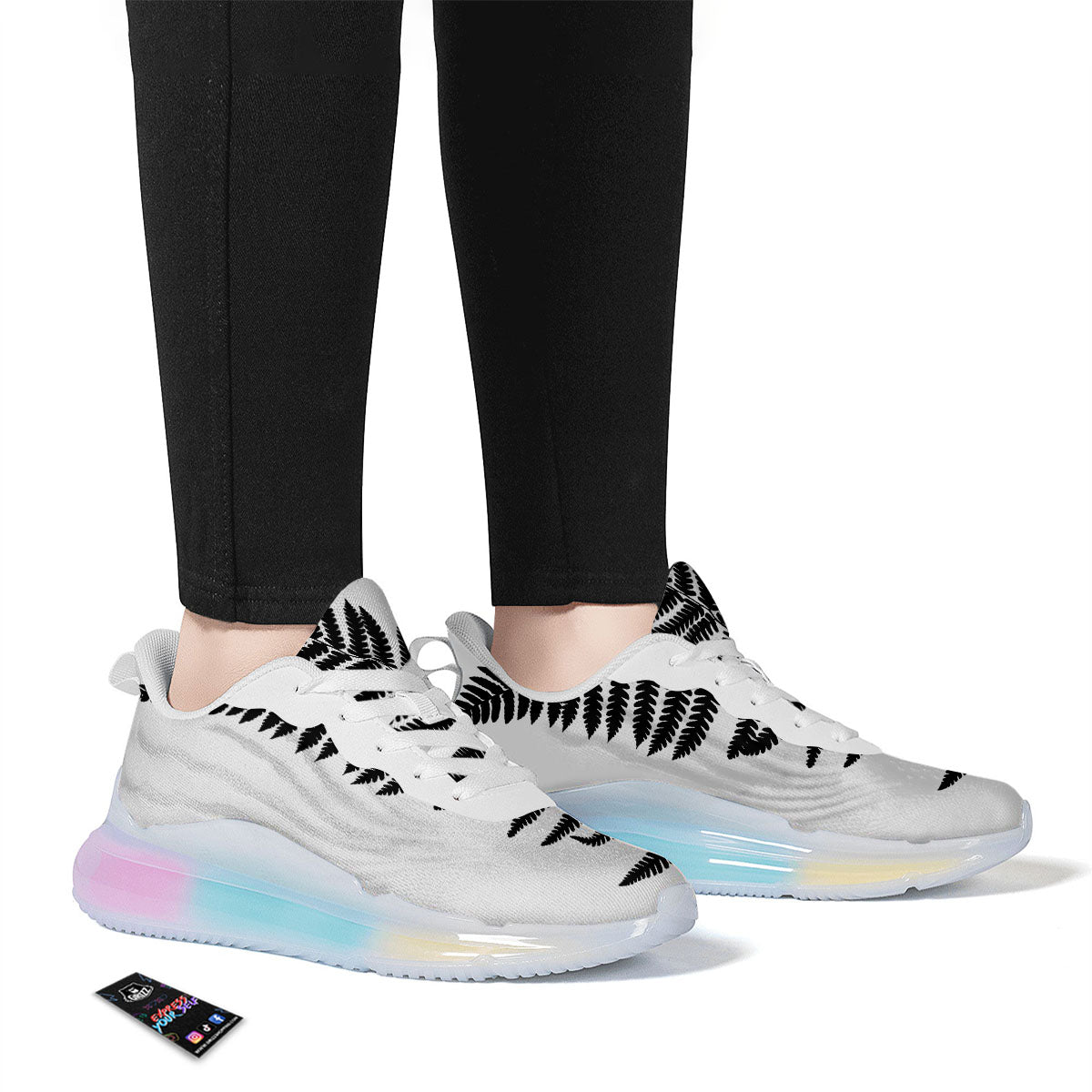 Fern Leaf White And Black Print Running Sneakers-grizzshop