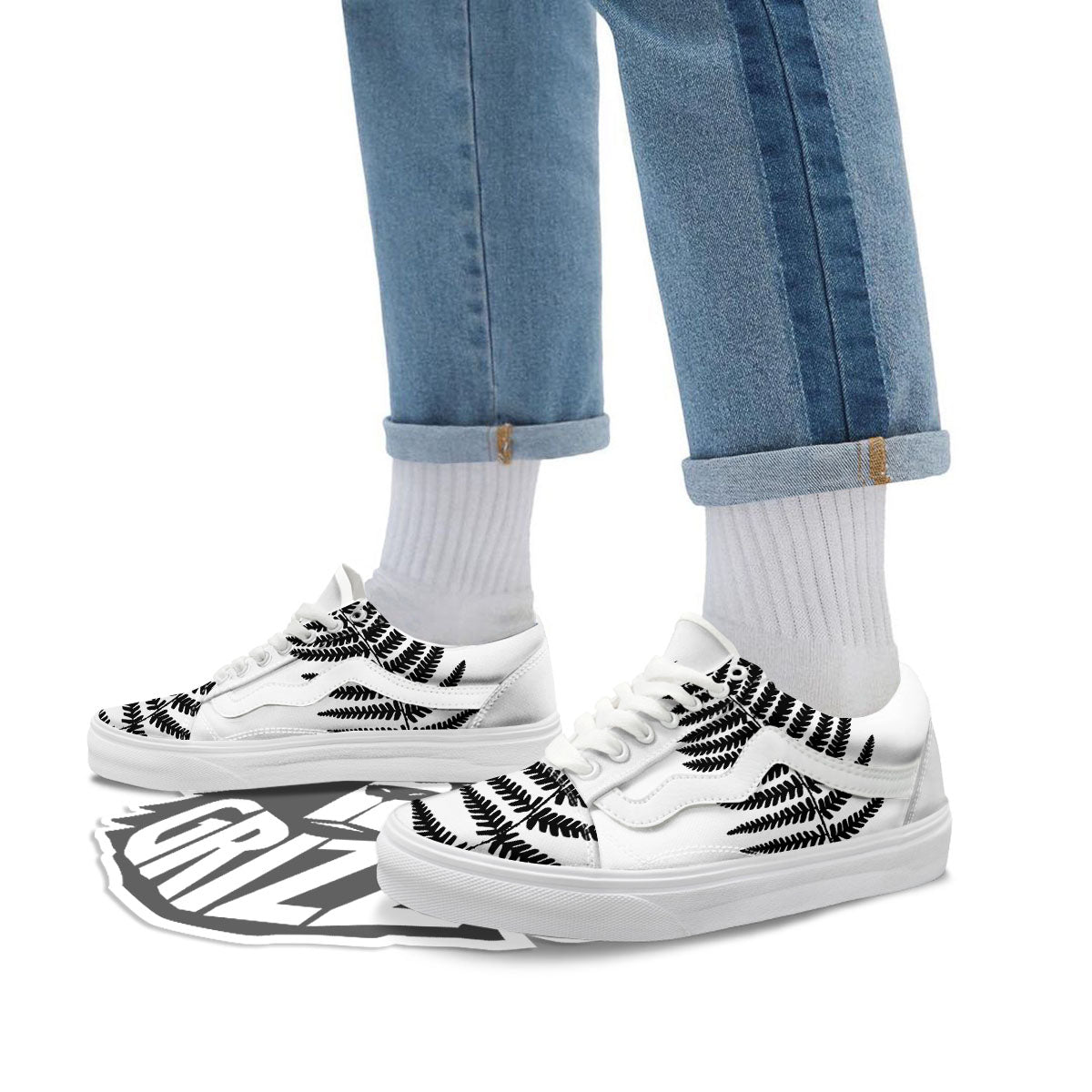 Fern Leaf White And Black Print Skate Shoes-grizzshop