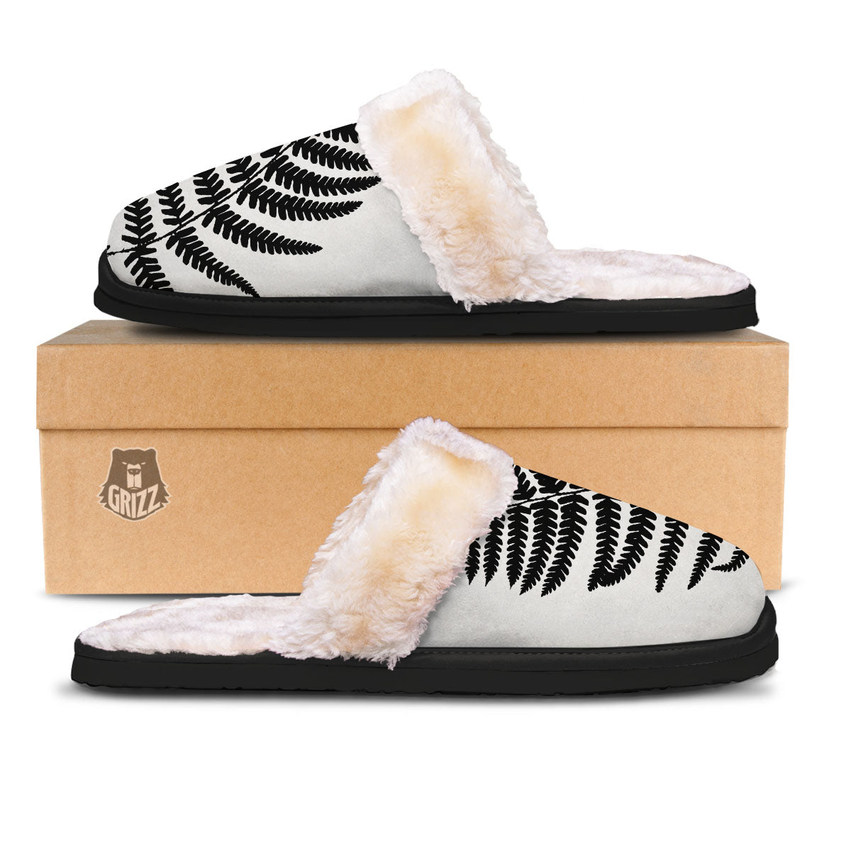 Fern Leaf White And Black Print Slippers-grizzshop