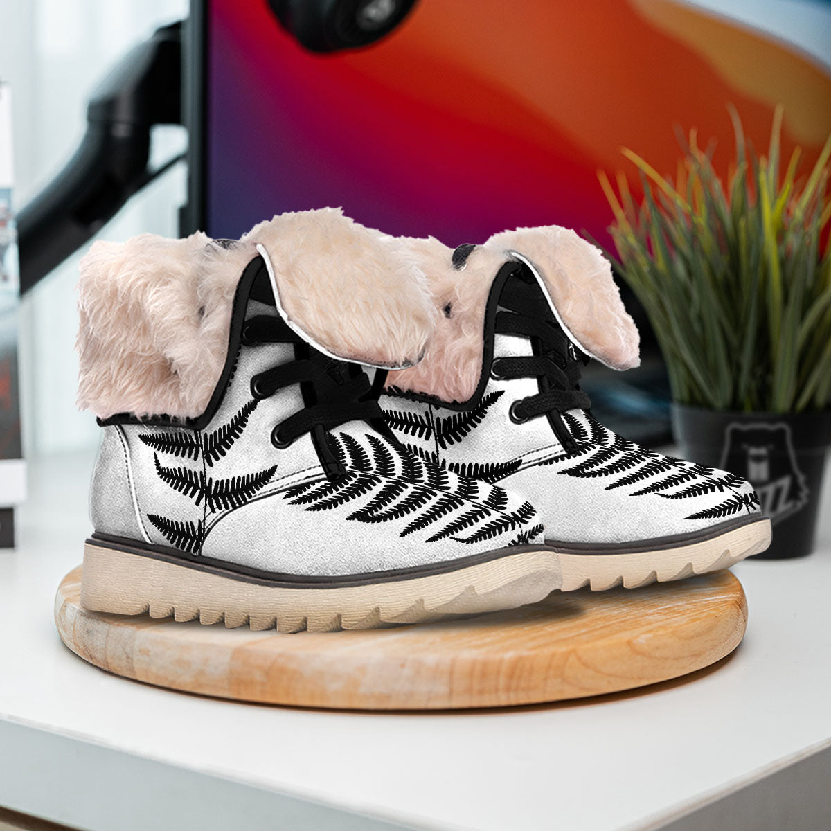 Fern Leaf White And Black Print Snow Boots-grizzshop