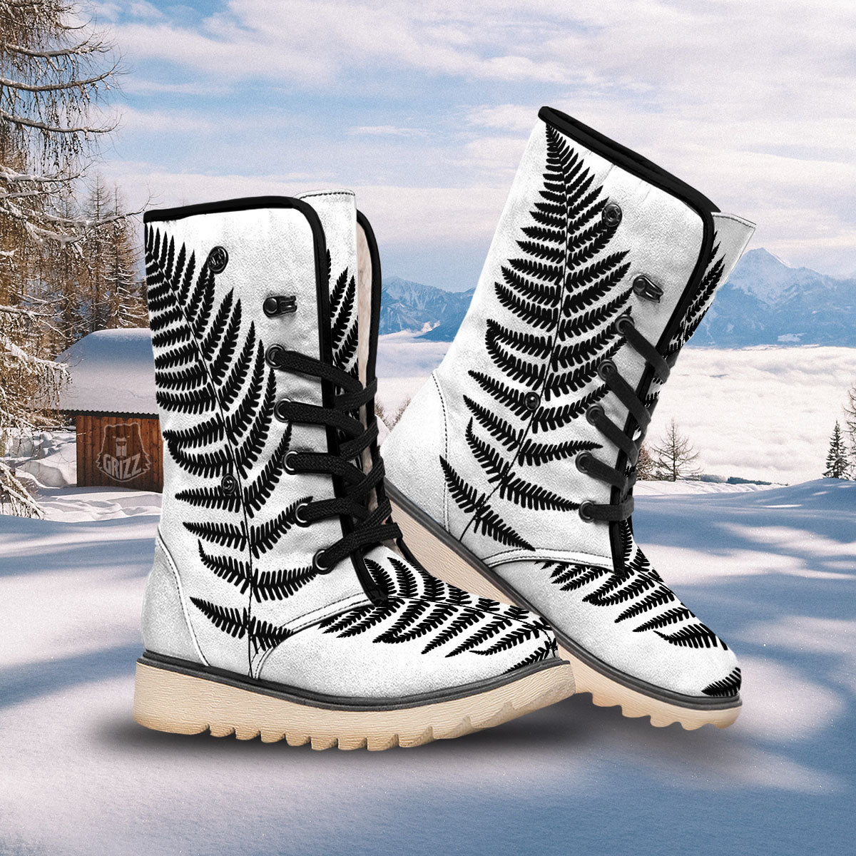 Fern Leaf White And Black Print Snow Boots-grizzshop