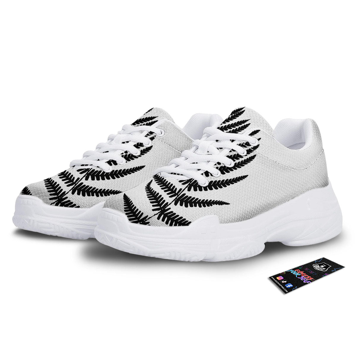 Fern Leaf White And Black Print White Chunky Shoes-grizzshop