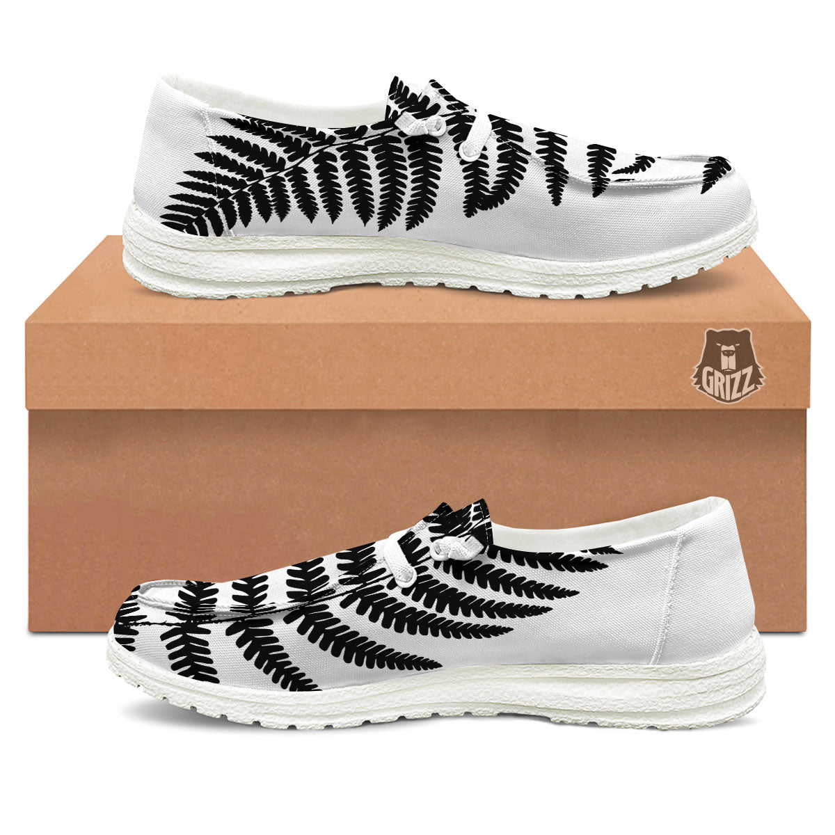 Fern Leaf White And Black Print White Loafers-grizzshop