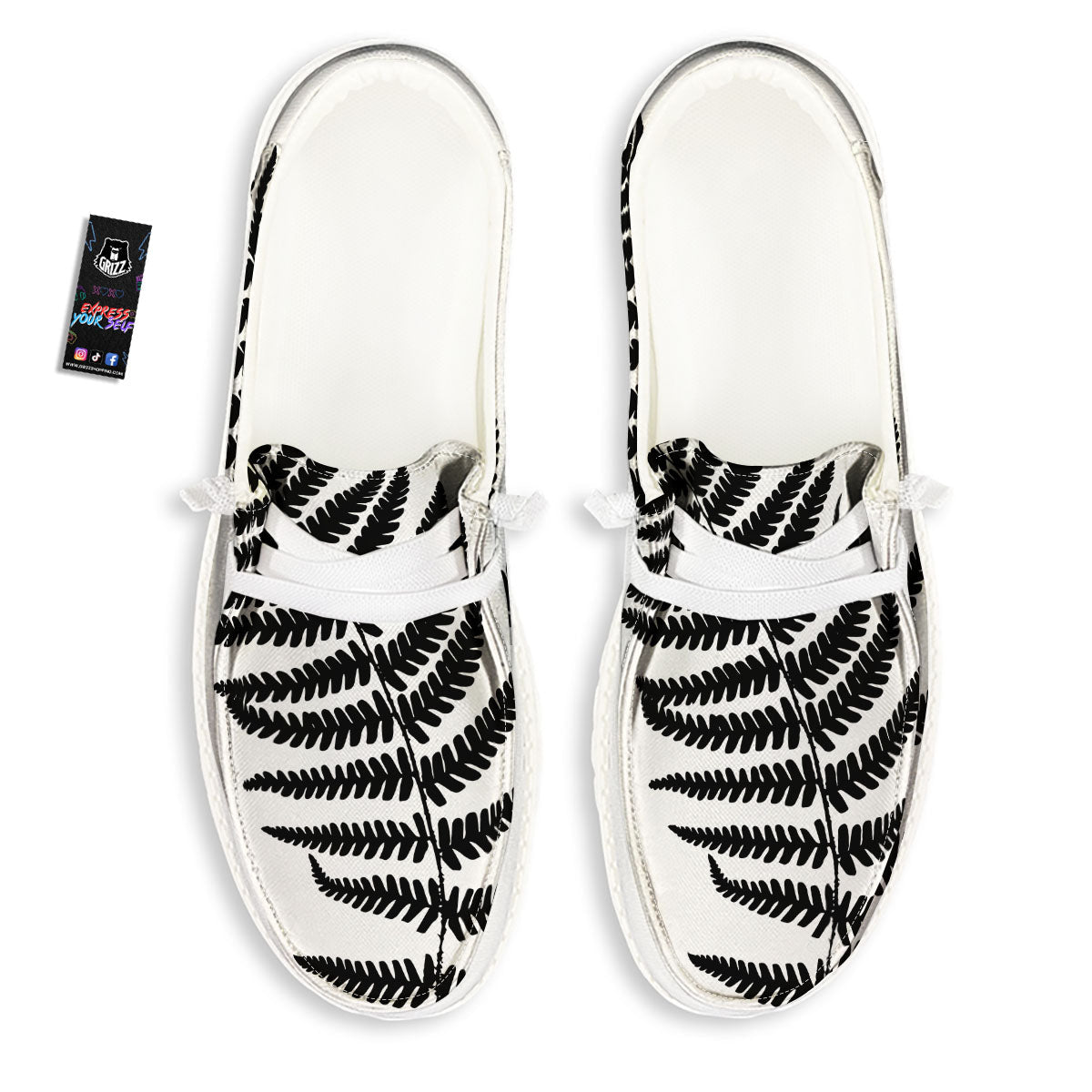 Fern Leaf White And Black Print White Loafers-grizzshop