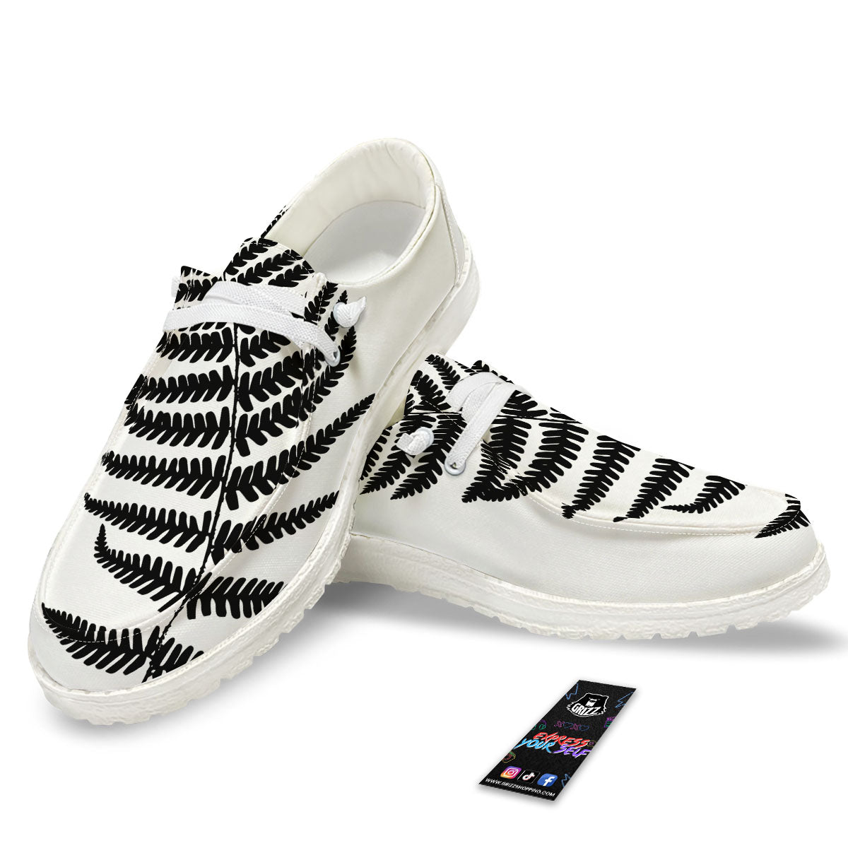 Fern Leaf White And Black Print White Loafers-grizzshop