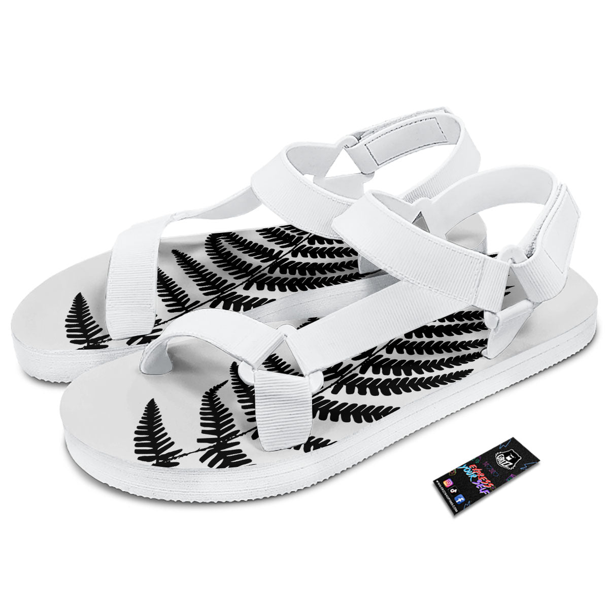 Fern Leaf White And Black Print White Open Toe Sandals-grizzshop