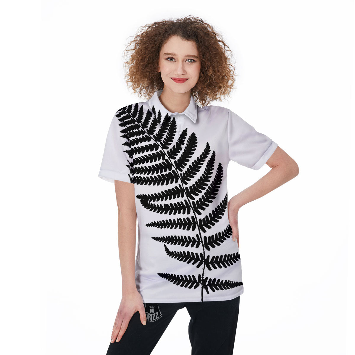 Fern Leaf White And Black Print Women's Golf Shirts-grizzshop