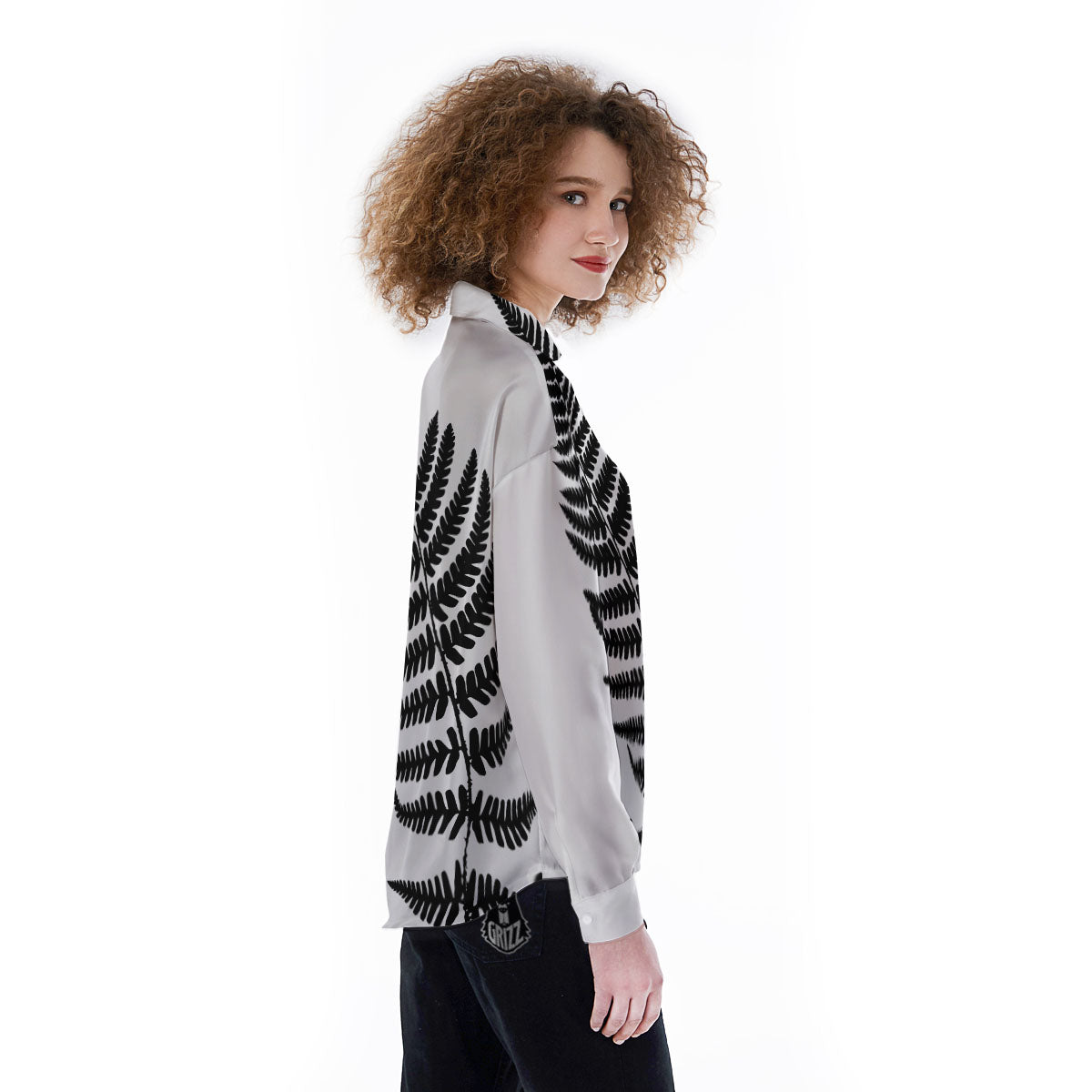 Fern Leaf White And Black Print Women's Long Sleeve Shirts-grizzshop